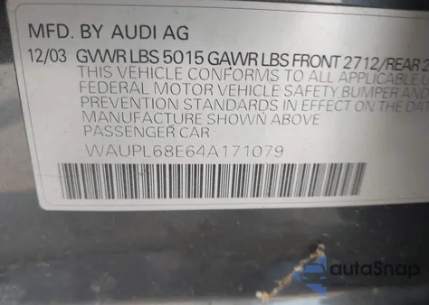 2004 Audi S4 4.2 from USA, damaged, VIN WAUPL68E64A171079